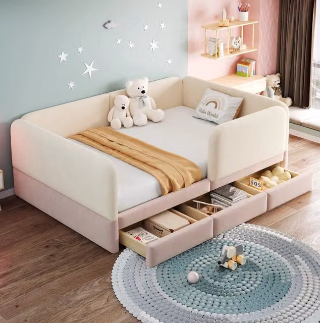 Letto bambini 140x200 cm in velluto beige con contenitore, senza materasso –