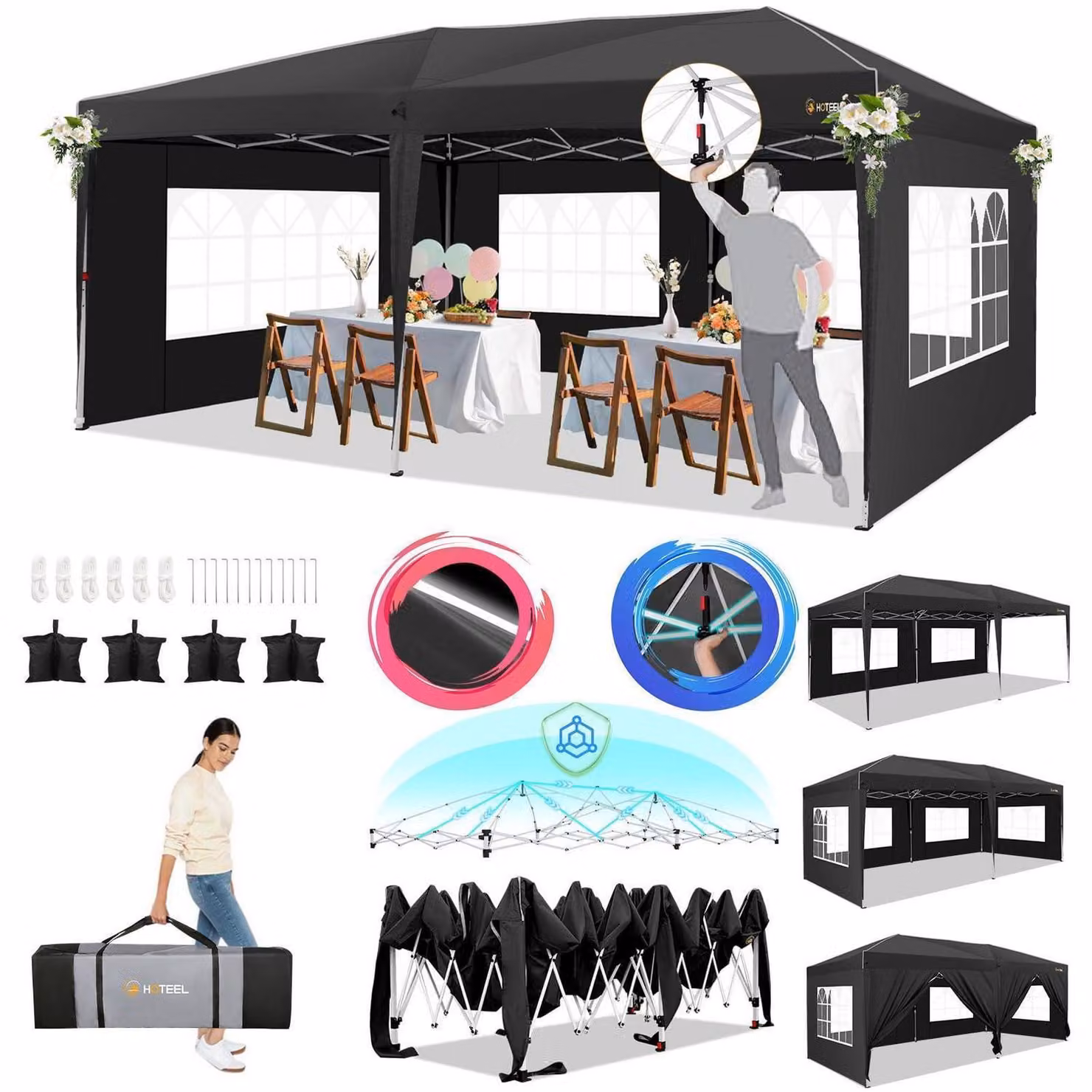 Tenda da festa pieghevole 3x6 metri, impermeabile, stabile, con 6 pareti laterali, colore nero