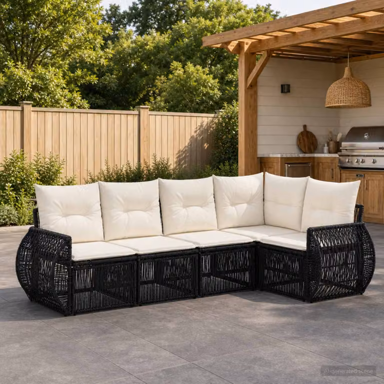 Set Divano da Giardino vidaXL 5 pz a Forma a L con Cuscini, Colore Nero e Bianco Crema, Struttura in Metallo e Polyrattan