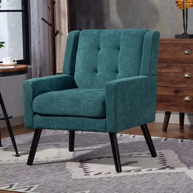Poltrona imbottita con tufting e cuscino ergonomico, gambe in legno massiccio per spazi piccoli, verde retrò in lino
