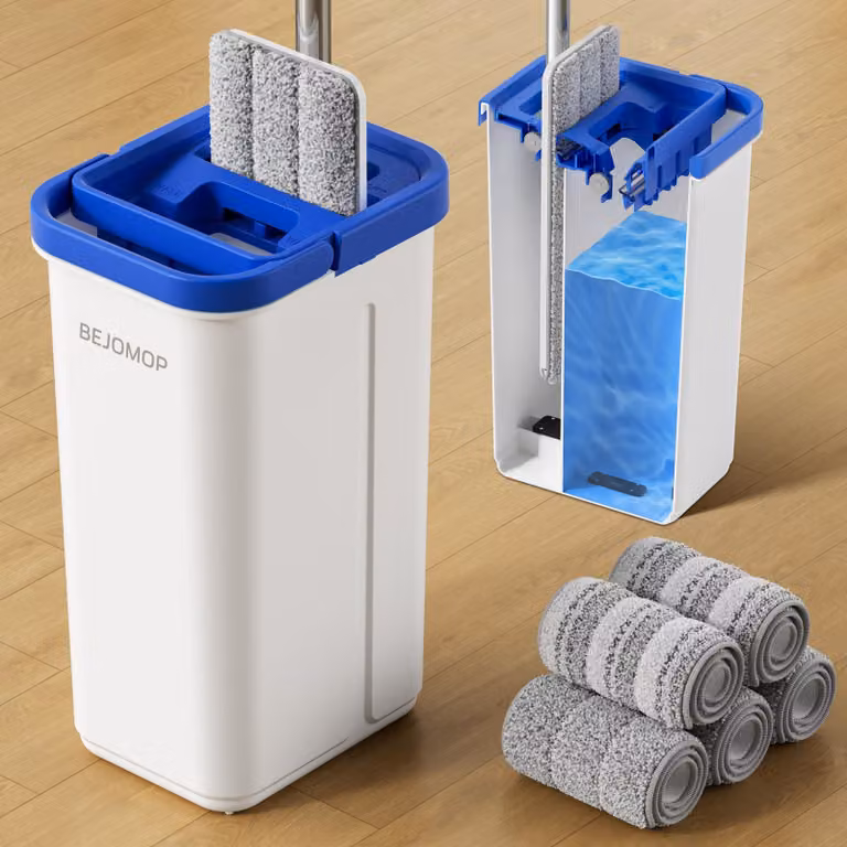 Set per la pulizia a secco con secchio e strizzatore, 5 panni in microfibra, colore blu pietra