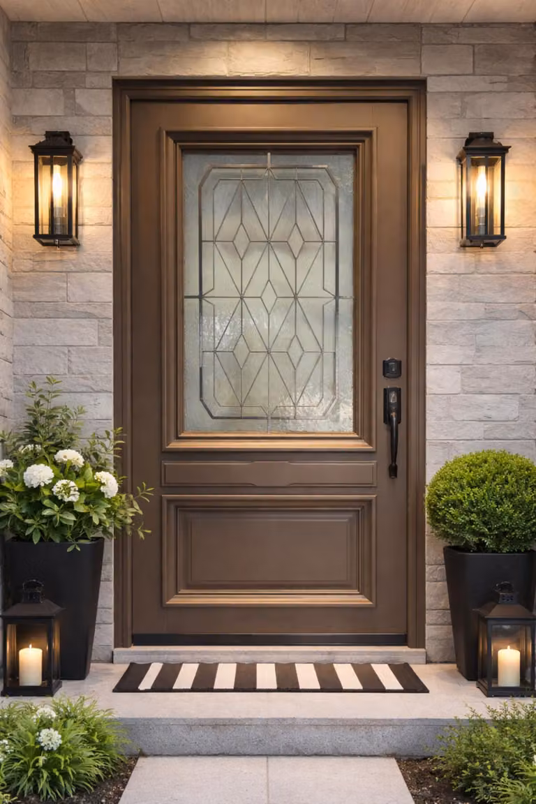 Porta d'ingresso in legno con vetrata Camille Grigio Quarzo, H.215xL.90 cm lato tavolo P. sinistra, maniglia, cilindro, pulsante GD MENUISERIES