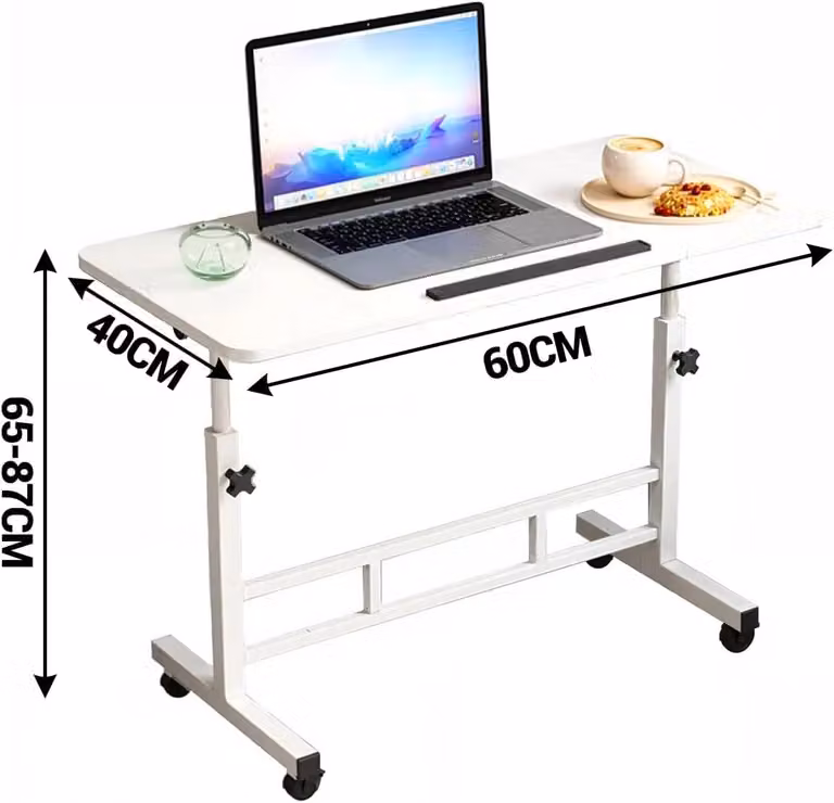 Tavolo regolabile in altezza per laptop - Tavolo mobile per computer - 60 x 40 cm - Piano del tavolo inclinabile fino a 90° - Pieghevole - Ruote bloccabili - Bianco