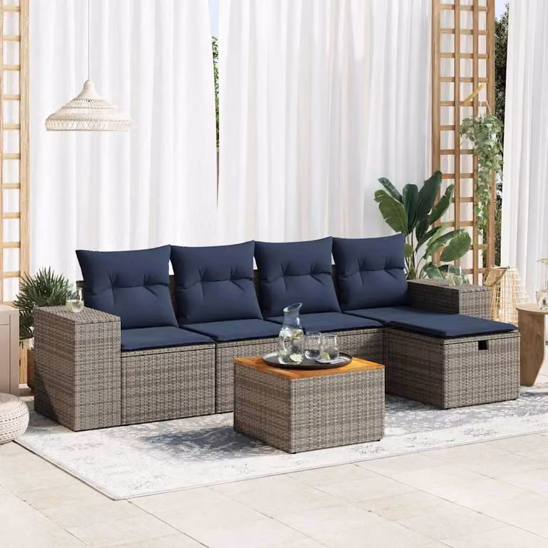 Set Divano da Giardino a L vidaXL in Polyrattan Grigio con 6 Pezzi e Cuscini Inclusi