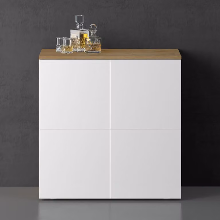doporro Mobile Organizzatore Credenza Buffet in Legno con 4 Ante Push-to-Open e Soft-Close per Soggiorno, Sala da Pranzo o Ingresso, 76x36,4x76 cm Marrone chiaro e Bianco opaco Schrank04
