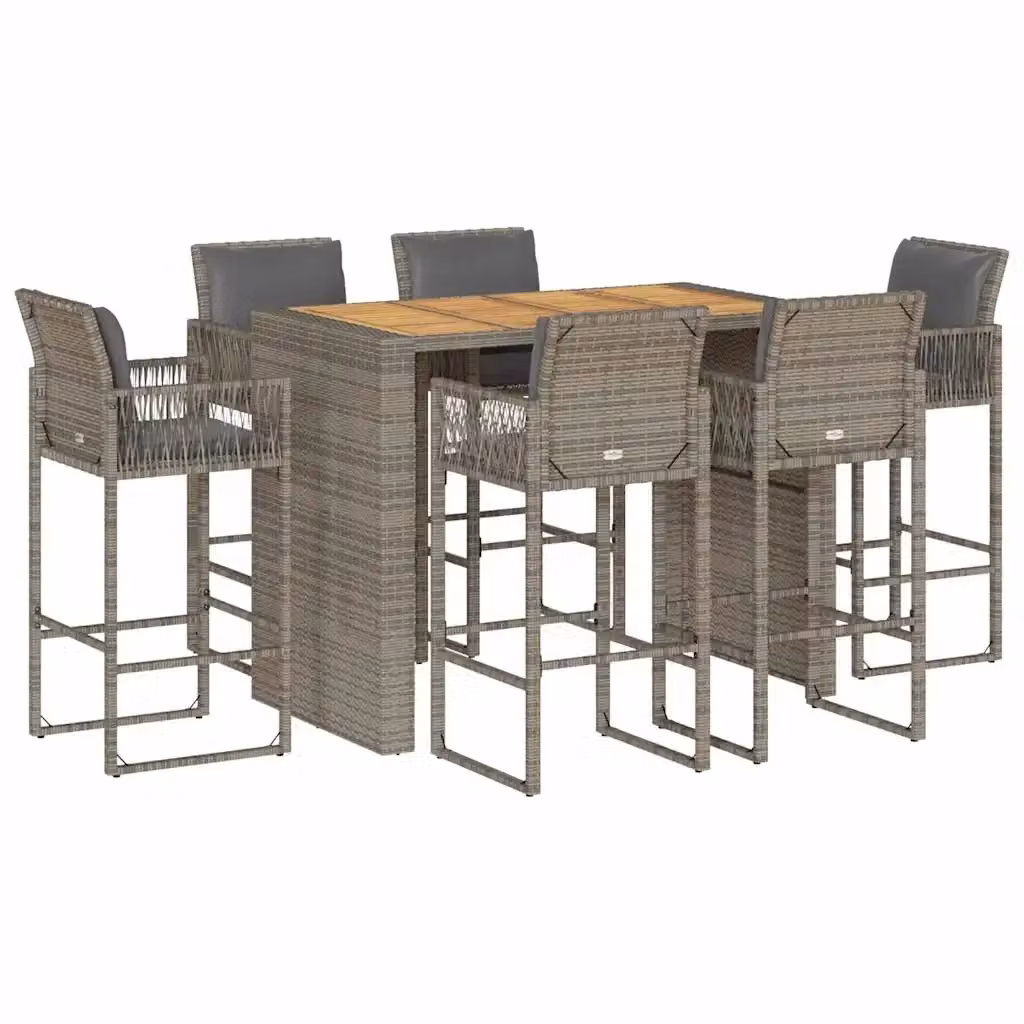 Set Bar da Giardino vidaXL in Polyrattan e Legno di Acacia con Cuscini Grigio, 7 Pezzi – 2