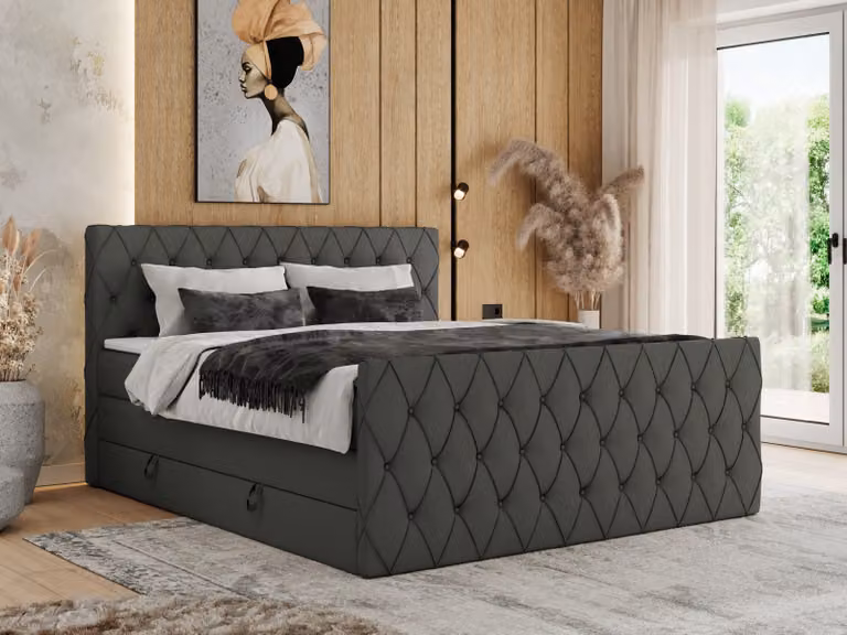 Letto boxspring MKS MEBLE 140 x 200 cm con contenitore, letto 140 x 200 cm con materasso H4, letto boxspring 140 x 200 cm con topper - Miren King Duo - Ecopelle grigia - H4