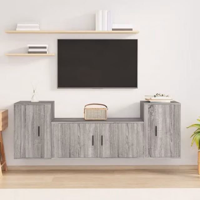 Set di mobili porta TV da 3 pezzi vidaXL in legno multistrato grigio stile classico da appendere alla parete