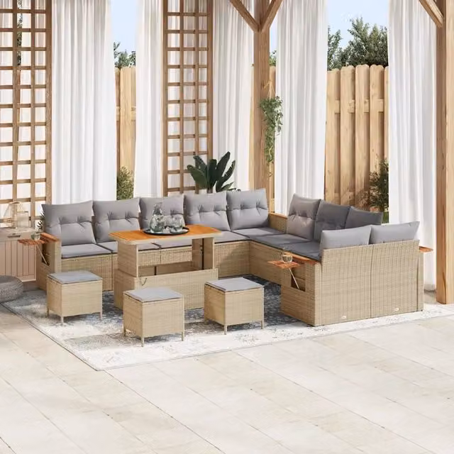 Set Divano da Giardino a Forma di U vidaXL con Tavolino e Pouf, Colore Grigio e Beige, Struttura in Acciaio e Legno di Acacia – 1