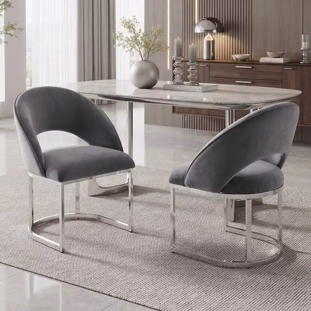 Set 2 Sedie da Pranzo ¨C Minimal ¨C Velluto Grigio, Gambe Metallo Argento, Stile Moderno, Imbottite