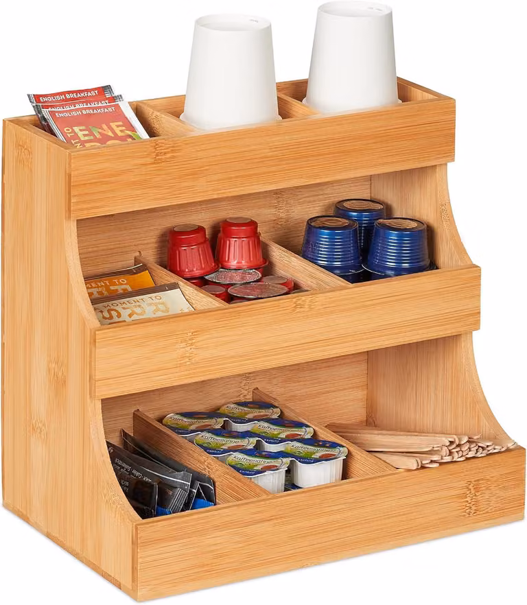 Organizzatore per caffè - 9 scomparti - Bambù - 24 x 26,5 x 17,5 cm - Per latte, zucchero, tazze da caffè, tè - Materiale naturale