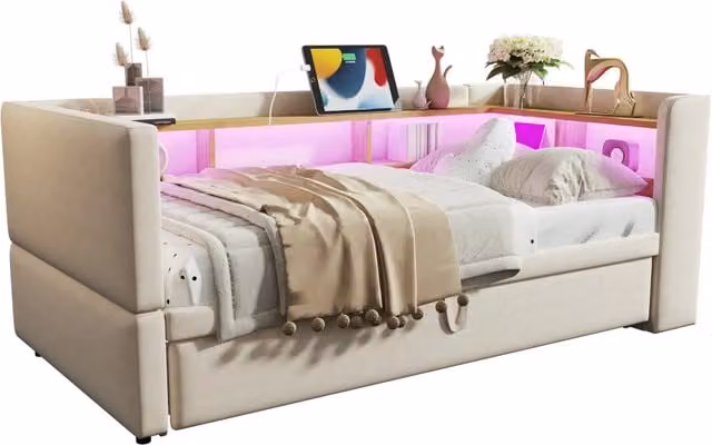 Divano letto 90/180x190 cm in flanella beige con LED， prese e contenitori， senza materasso