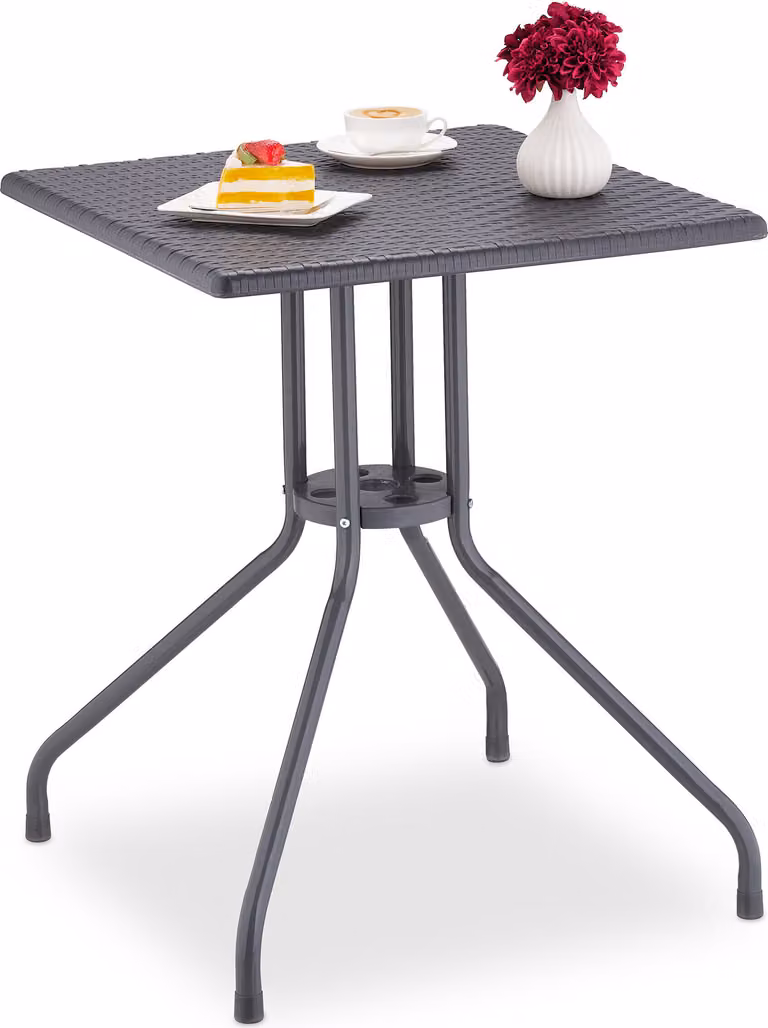 Tavolo da giardino Relaxdays effetto rattan, quadrato, dimensioni: 75x61x61 cm, tavolo da balcone, plastica e metallo, tavolo da esterno, grigio