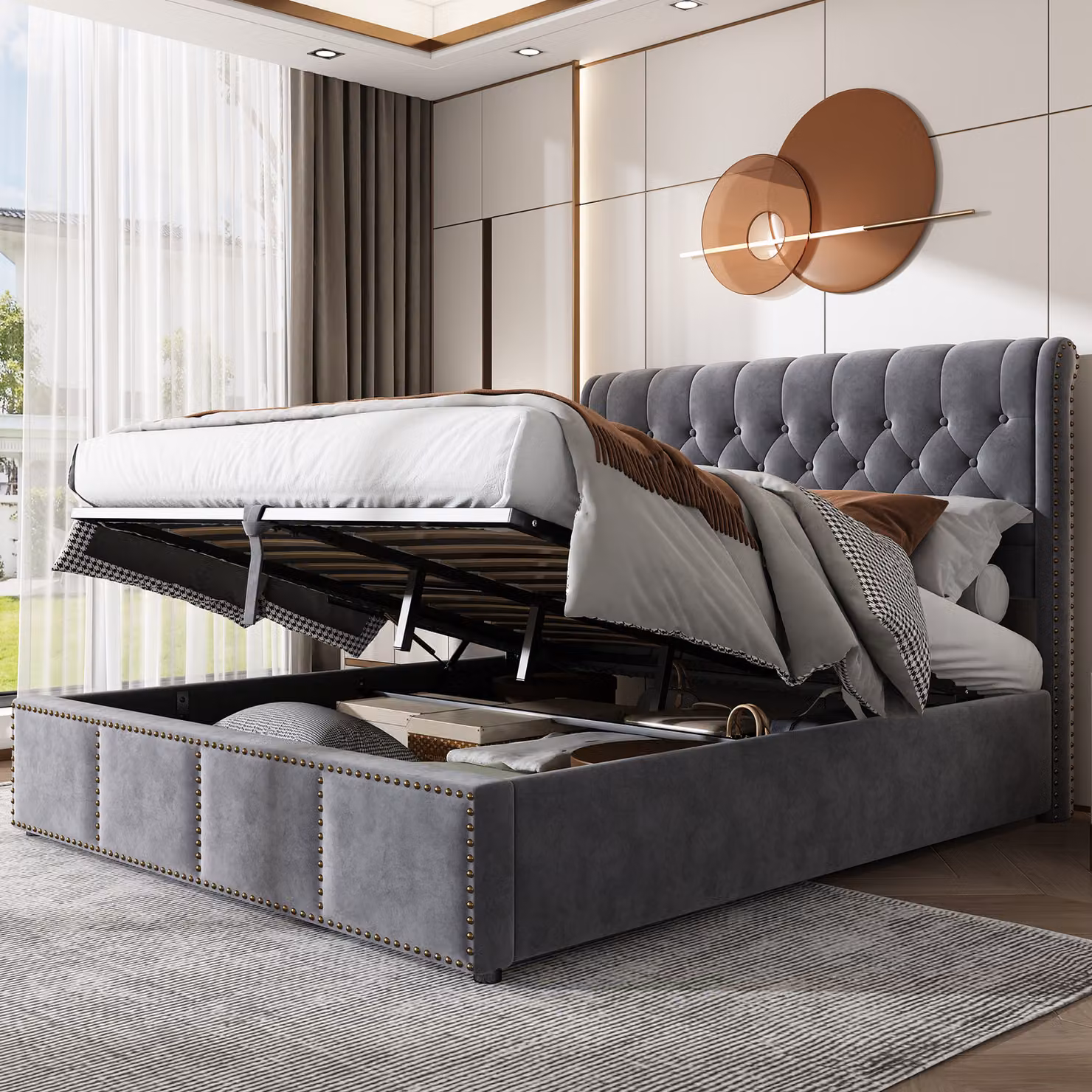 Letto imbottito Flieks 180x200cm con rete a doghe, letto a molle idrauliche con rete e testiera, letto contenitore letto funzionale letto matrimoniale in velluto