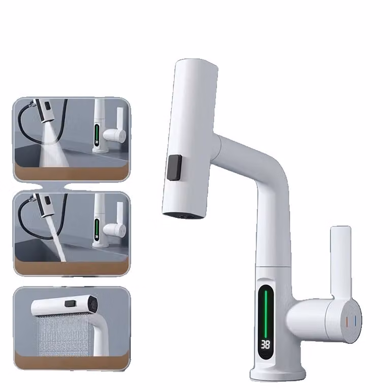 Miscelatore per lavabo con display digitale intelligente, sensibile alla temperatura, con funzione di estrazione, RubinettoManopoleManiglia