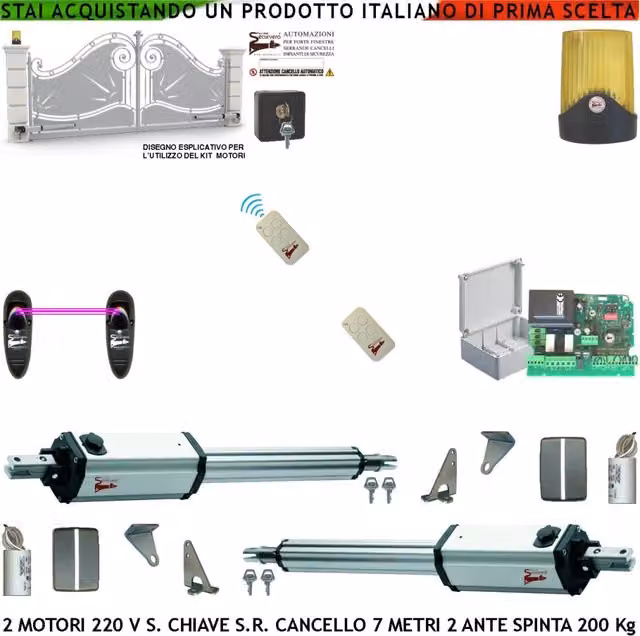 Apricancello da 7 Metri 2 Ante da 3,5 Metri 2 Motori Elettromeccanici 230 V Stelo Retrattile Autobloccante Corsa 600 mm Spinta 250 Kg Centrale di Comando Incorpora Radio Fotocellule 2 Radiocomandi