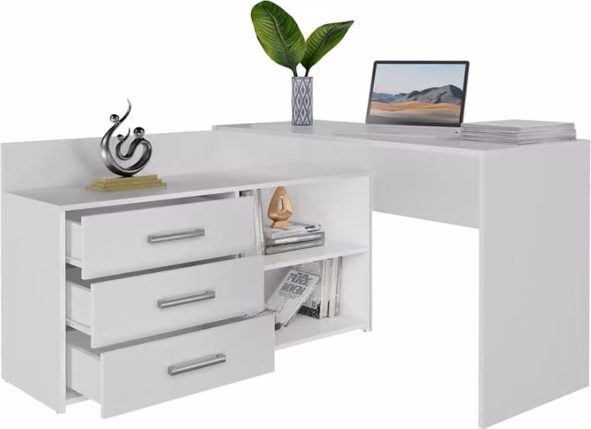 BDW Scrivania ad angolo, 3 cassetti 2 ripiani, bianco, 120x7x50 cm
