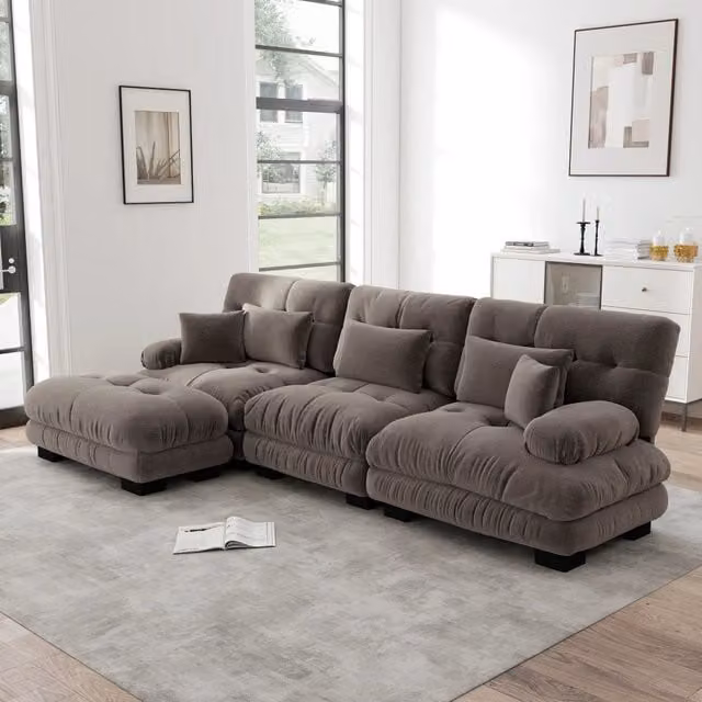 Divano Angolare Modulare MINIMAL con Ottoman in Velluto a Coste Marrone con Chaise Longue a Sinistra