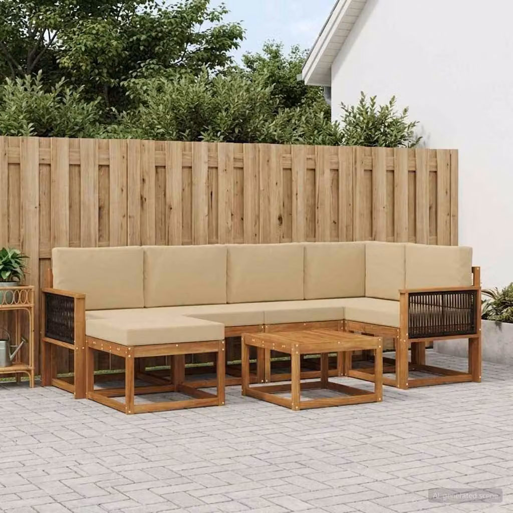 Set di divani da esterno moderno vidaXL in legno di acacia, 7 pezzi, colore naturale e beige