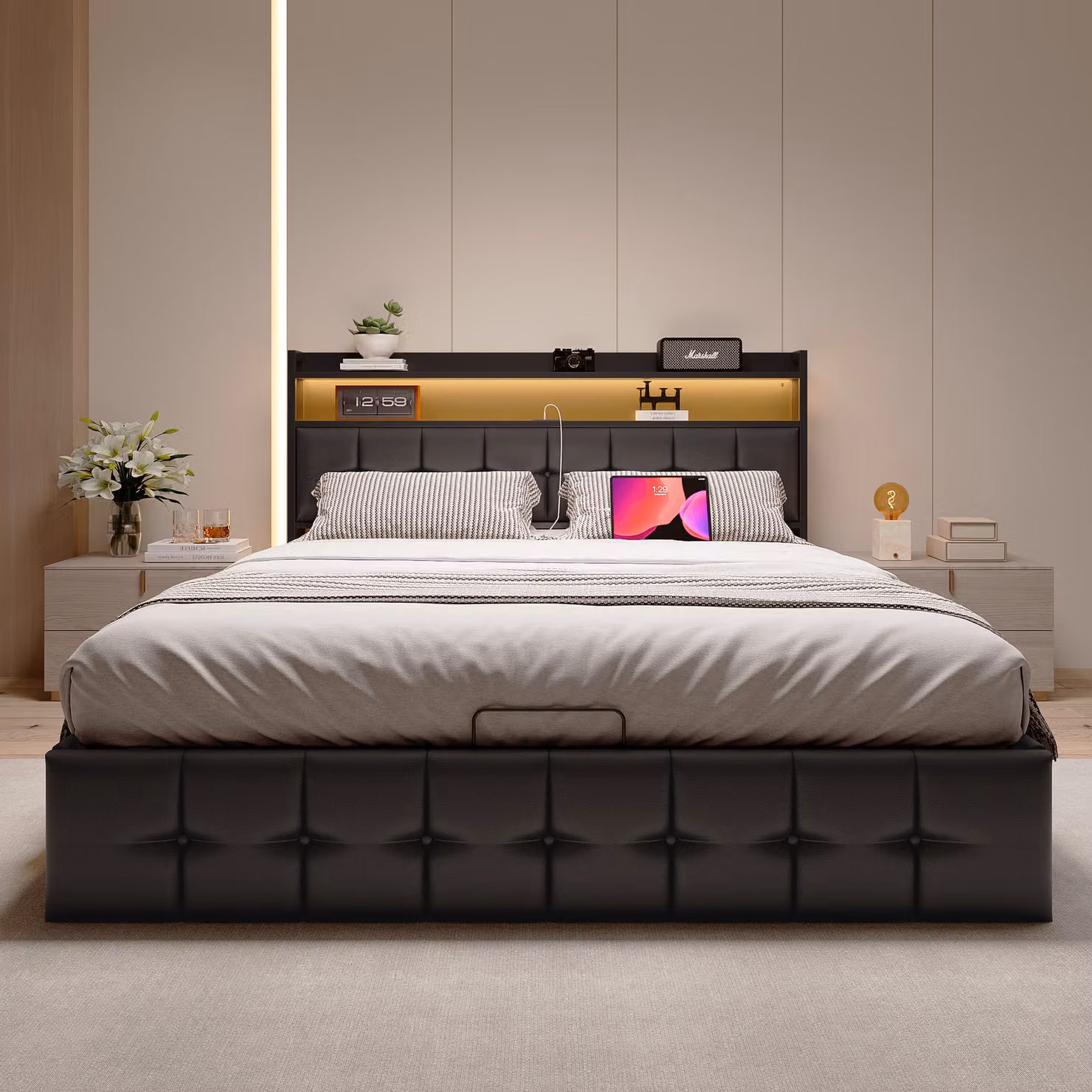 CDGlobal letto imbottito 160x200cm con LED, letto a molle con rete a doghe, letto contenitore letto matrimoniale letto in legno massiccio, PU, nero