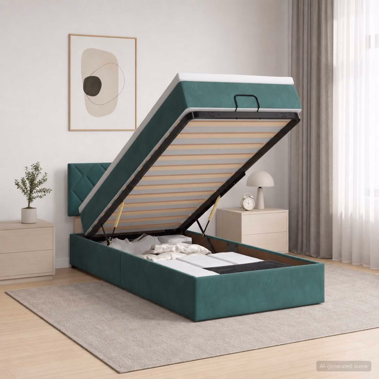 Letto ottomano con materasso vidaXL in velluto verde, L/P/H: 200 x 90 x 88 cm