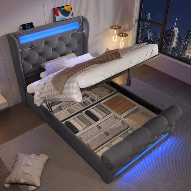 Letto contenitore imbottito ULEVR 90x200 cm con LED, USB e Type-C, rivestimento in velluto grigio