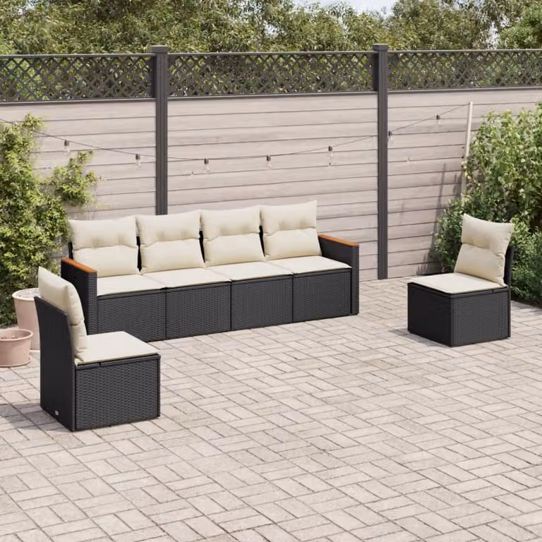 Set Divano da Giardino vidaXL 6 pz con Cuscini, Struttura in Metallo e Polyrattan, Nero e Bianco
