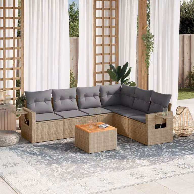 vidaXL Set Divani da Giardino 7 pz a Forma a L in Polyrattan con Cuscini Beige e Grigio