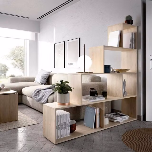 Libreria Dmorr bifacciale con 6 scaffali, mobile divisorio moderno per ufficio o soggiorno, L: 145 cm, P: 29 cm, H: 145 cm, Marrone – 1