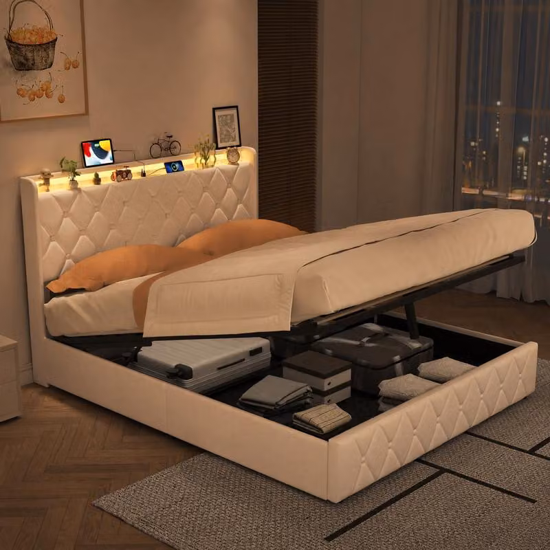 Letto imbottito UnboxG 140x200 cm con contenitore, rivestito in velluto color beige, letto con sistema di sollevamento idraulico, illuminazione a LED, porta USB e porta di tipo C, letto matrimoniale con rete a doghe