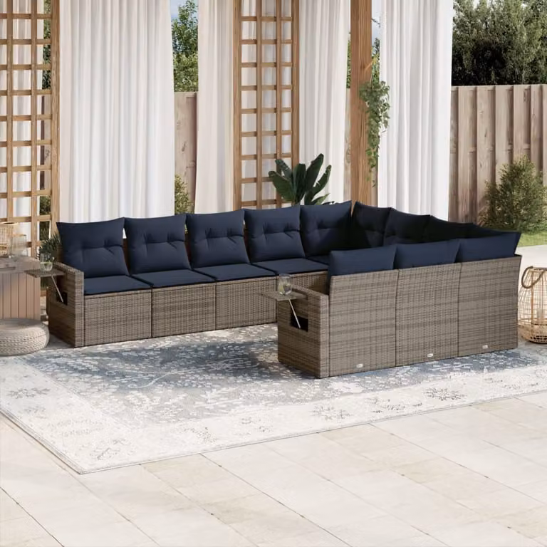 Set di divani da giardino vidaXL in polyrattan grigio con cuscini, composizione a L e struttura in metallo per esterno