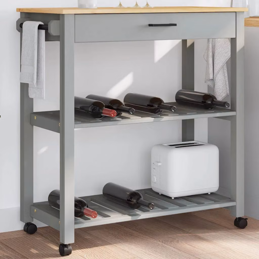vidaXL Carrello da Cucina MONZA in Legno di Pino e Metallo, Grigio Rustico, L/P/H: 84 x 40 x 88,5 cm