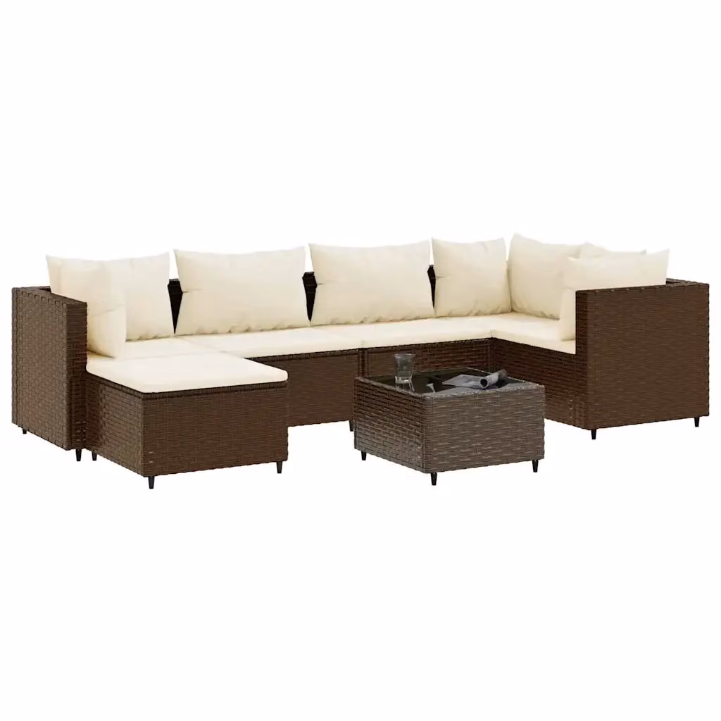 Set di Divani da Giardino vidaXL 7 pz con Cuscini e Tavolino in Polyrattan Marrone e Bianco – 2