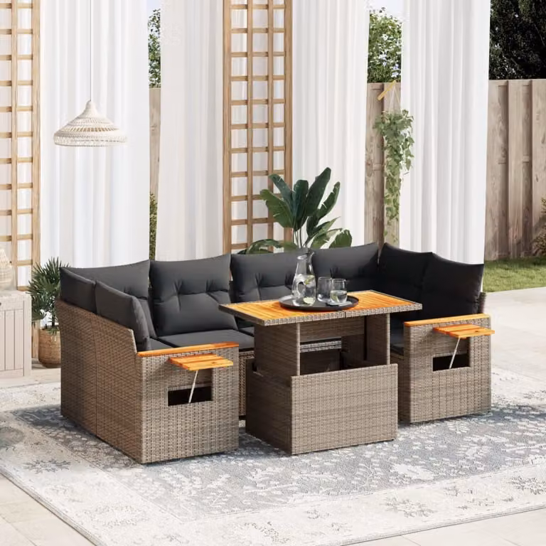 Set di divani da giardino vidaXL in polyrattan grigio con cuscini, tavolo e sedute a forma di L per esterno