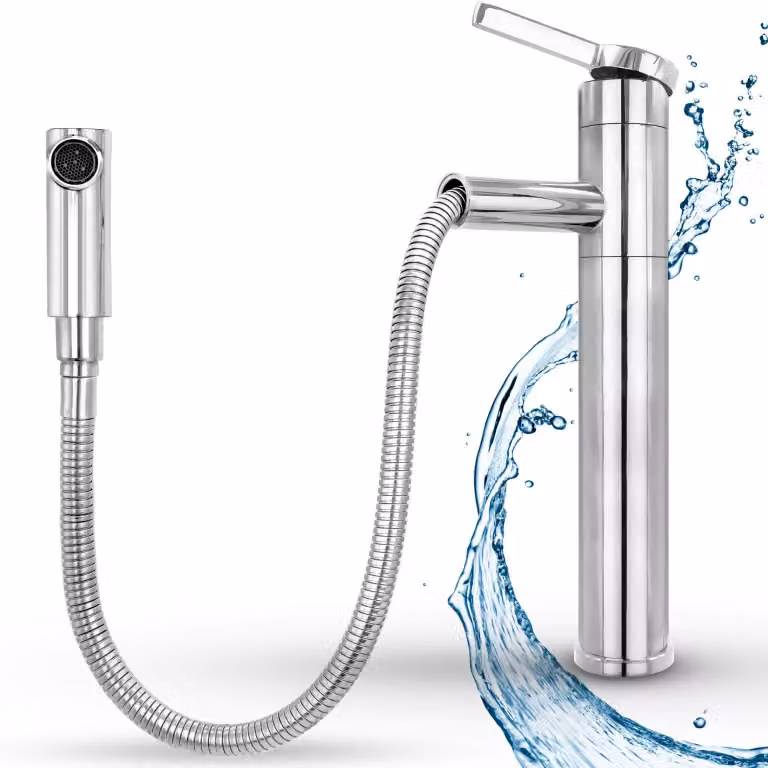 Rubinetto da bagno, miscelatore con doccetta estraibile, rotazione a 360°, finitura cromata
