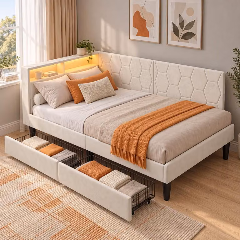 Letto imbottito, modello divano letto, 140x200 cm, con illuminazione LED. Letto imbottito, modello divano letto, matrimoniale. Letto per ragazzi con 2 cassetti e spazio contenitivo. Letto per ragazzi, modello divano letto, con porta USB. Colore: beige