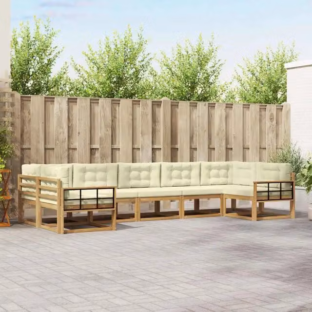 Set di divani da esterno a L vidaXL in legno di acacia con cuscini Bianchi e Beige