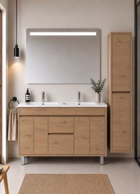 Mobile bagno con lavabo ORIGENBATH ISQUIA senza specchio 120x45 cm doppio lavabo estepa con colonna