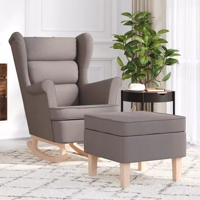 Poltrona a Dondolo con Poggiapiedi vidaXL in Tessuto Beige e Grigio con Struttura in Legno di Gomma – 1