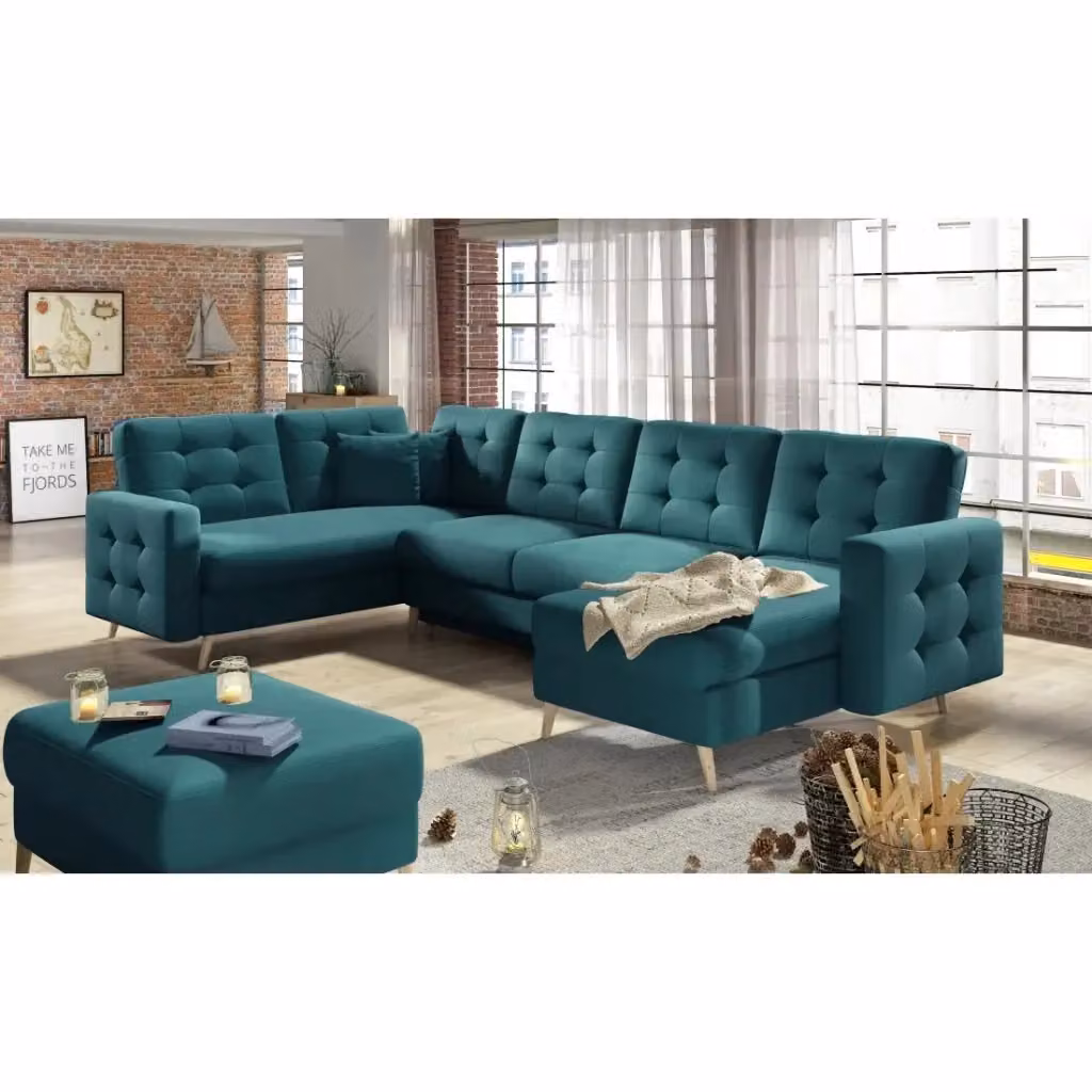 Divano ad angolo panoramico reversibile MEUBLORAMA in velluto verde con contenitore e funzione letto L: 326 cm – 2