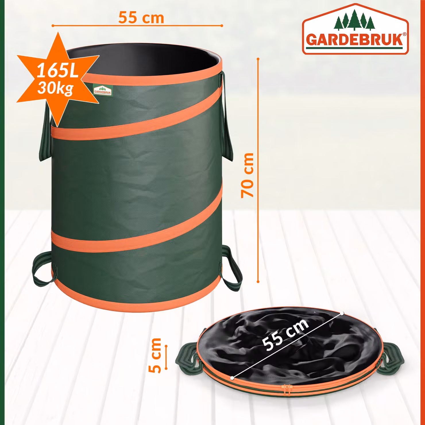 Set di 3 sacchi da giardino pieghevoli Gardebruk con chiusura, verde e arancione, in poliestere, capacità 165 l – 2