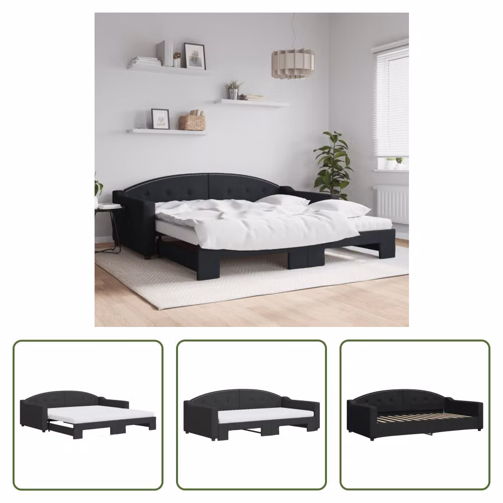 The Living Store Lettino allungabile con materassi nero 100x200 cm in tessuto