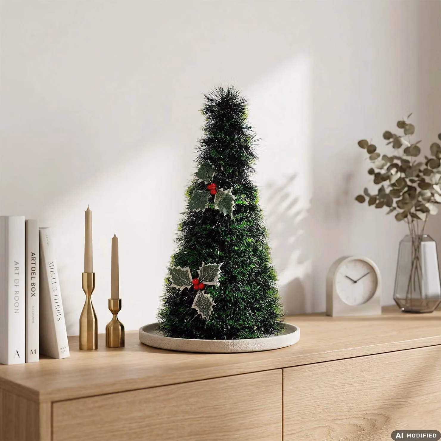 Alberello Natalizio Decorativo con Stelle e Bacche VESTIAMO CASA, Colore Rosso e Verde, Altezza: 48 cm – 2