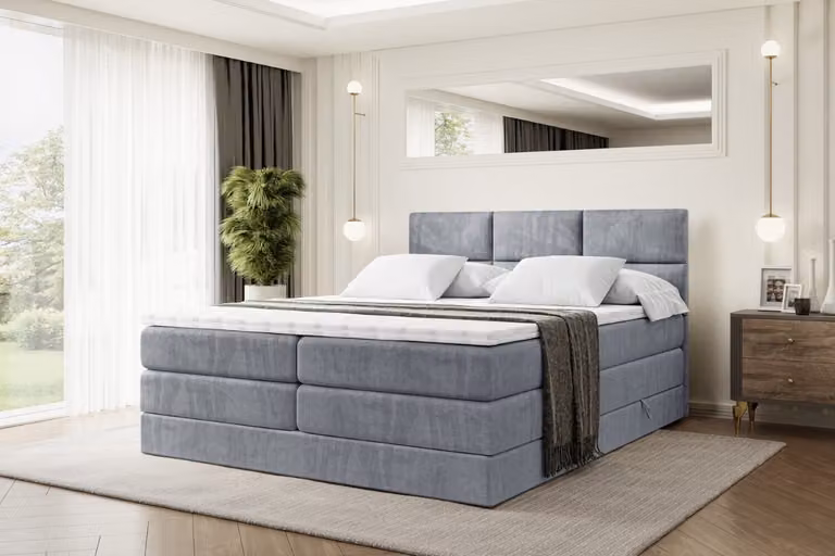 Letto boxspring ALTDECOR con 2 materassi e topper - 200x200 cm - OHIO KING - Velluto grigio - Letto imbottito con materassi H3 e H4, contenitore e rete a doghe, letto con spazio contenitivo
