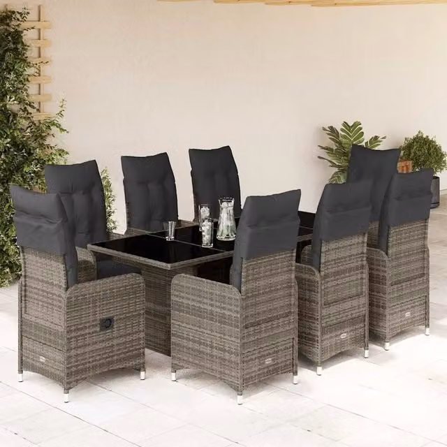 Set Bistrò da Giardino vidaXL in Polyrattan Grigio con Cuscini e Tavolo in Vetro, 9 Pezzi