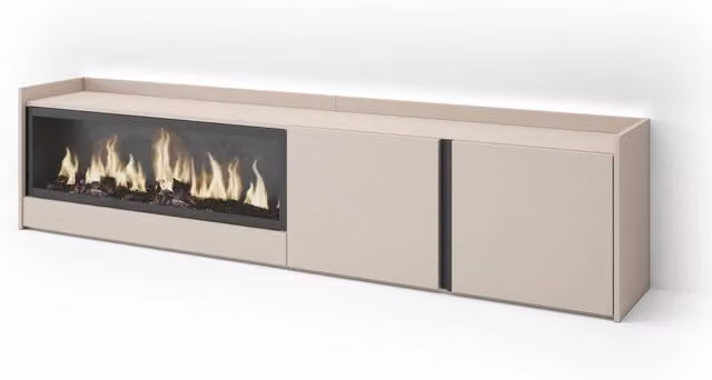 Mobile TV Soggiorno, 212x50x35 cm, Per TV fino a 80", Camino elettrico XXL, LED, Beige