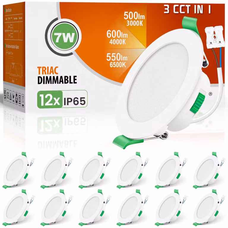 Faretto LED da incasso, dimmerabile, 7W, grado di protezione IP65, confezione da 12, forma rotonda, colore bianco, temperatura di colore regolabile da 3000K a 6500K