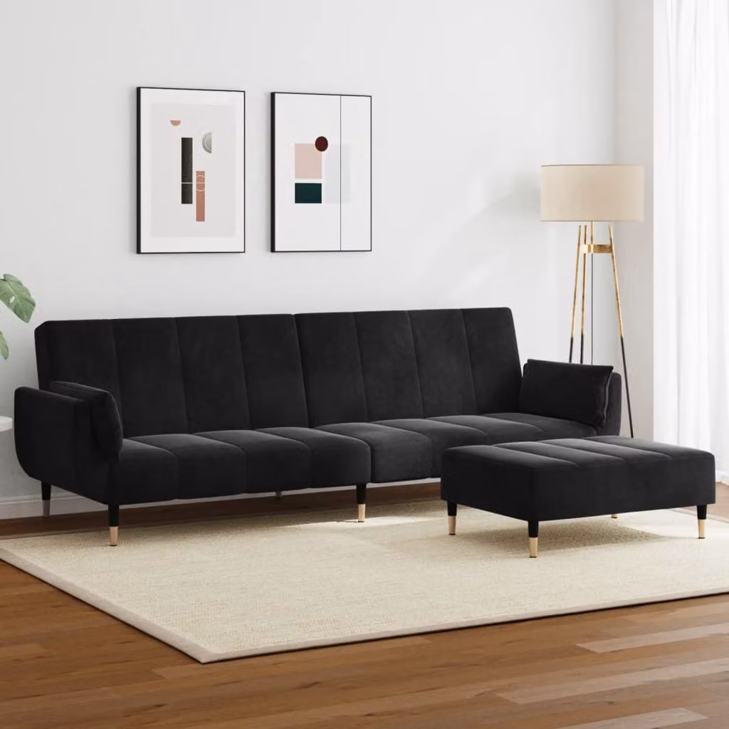 vidaXL Divano Letto Click-Clack a 2 Posti in Velluto Nero con Poggiapiedi e Cuscini – 1