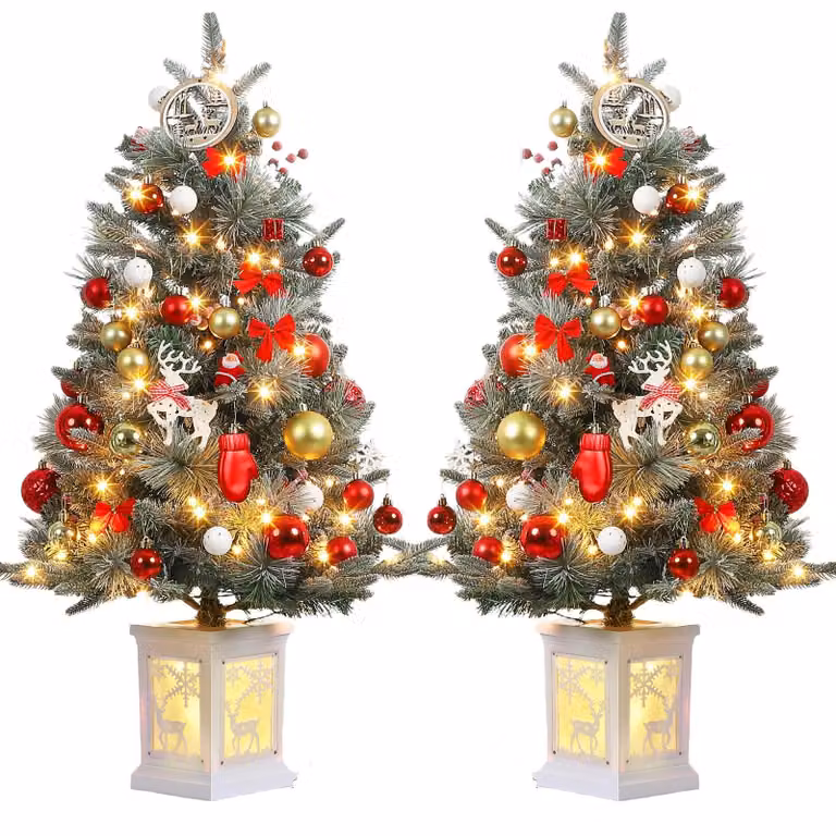 Set di 2 pezzi: Albero di Natale artificiale innevato, altezza 90 cm (3.0 piedi), con fusto denso simile a un abete/pino, illuminato con luci LED e con punte di aghi innevate. Montaggio a cerniera, supporto in metallo