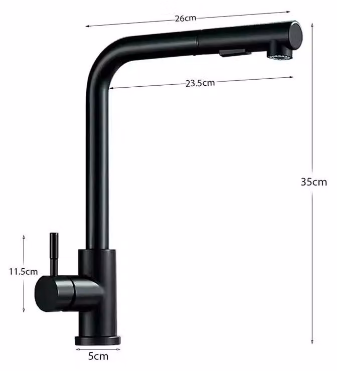 Miscelatore per lavello – Miscelatore da cucina estraibile – Miscelatore monocomando – Girevole a 360° – Doccetta con 2 getti – Ottone – Nero opaco
